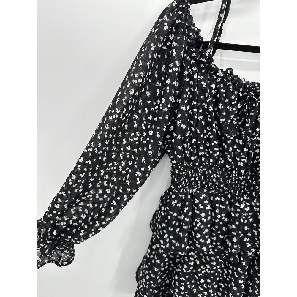 Black Floral Cottagecore Mini Dress Sz L Ruffle Peasant‎ Feminine Boho Picnic - Picture 5 of 7